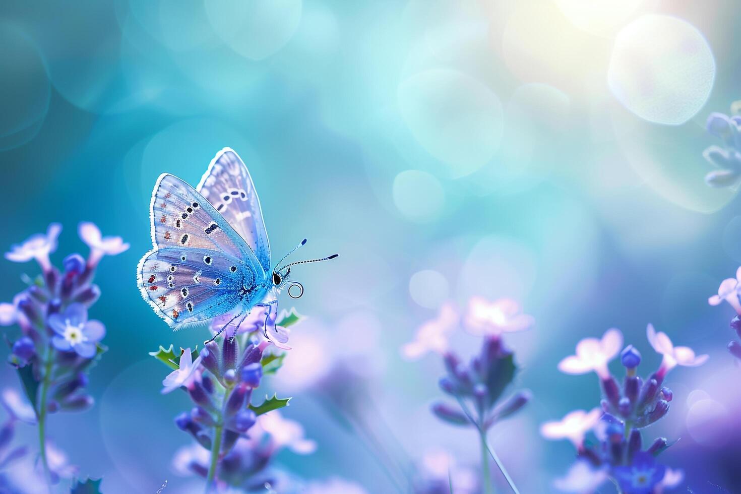 Blue Holly Butterfly and Purple Flowers on Turquoise  Background Nature photo