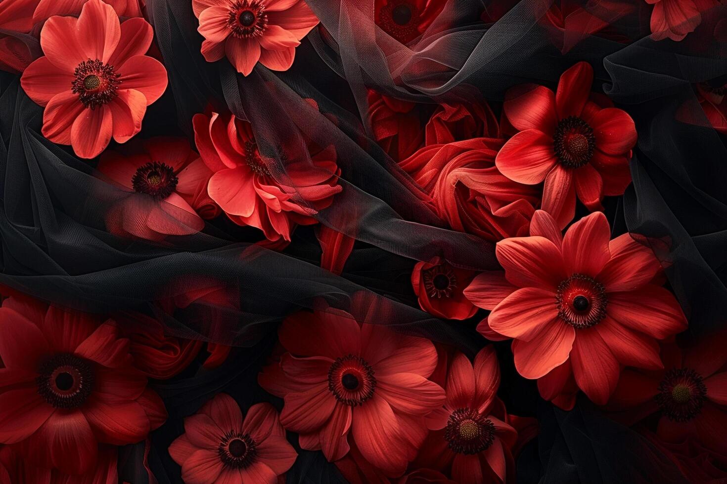 Dark Elegant Wallpaper with Red and Black Tulle Fabric and  Red Flowers photo