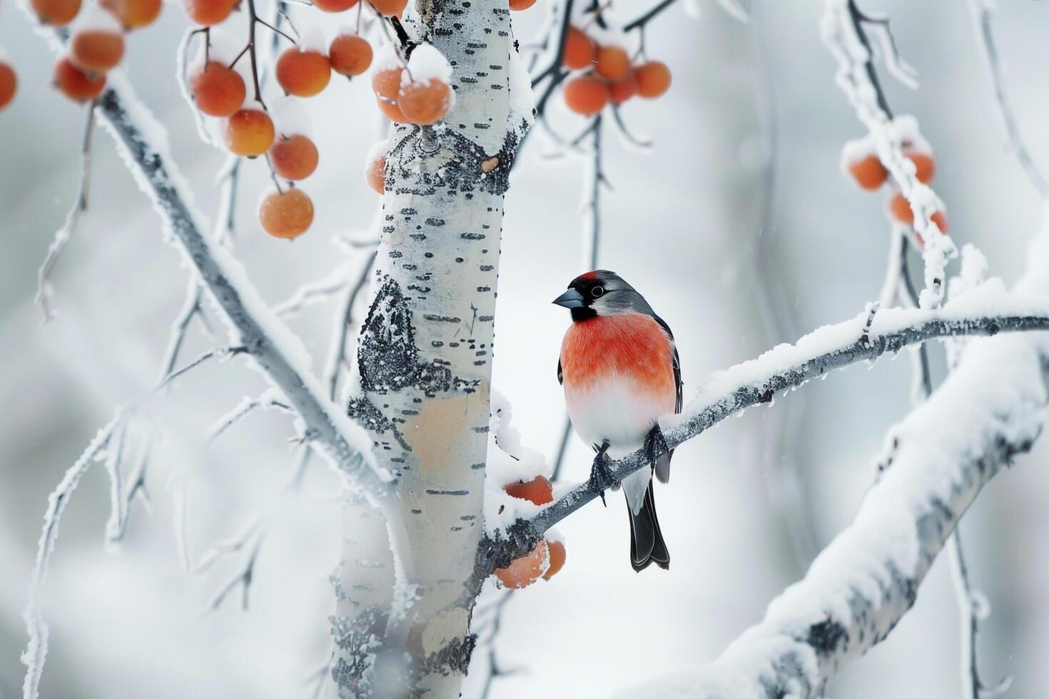 Eurasian Bullfinch Among Snowy Birch Trees with Berries and Nature Background photo