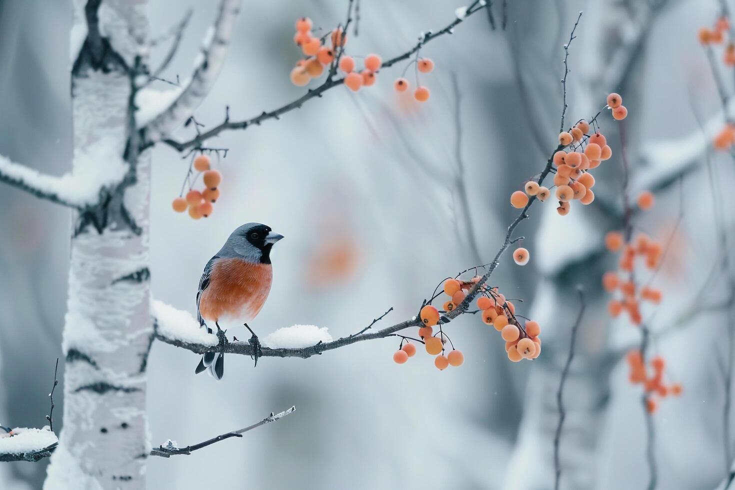 Eurasian Bullfinch Among Snowy Birch Trees with Berries and Nature Background photo