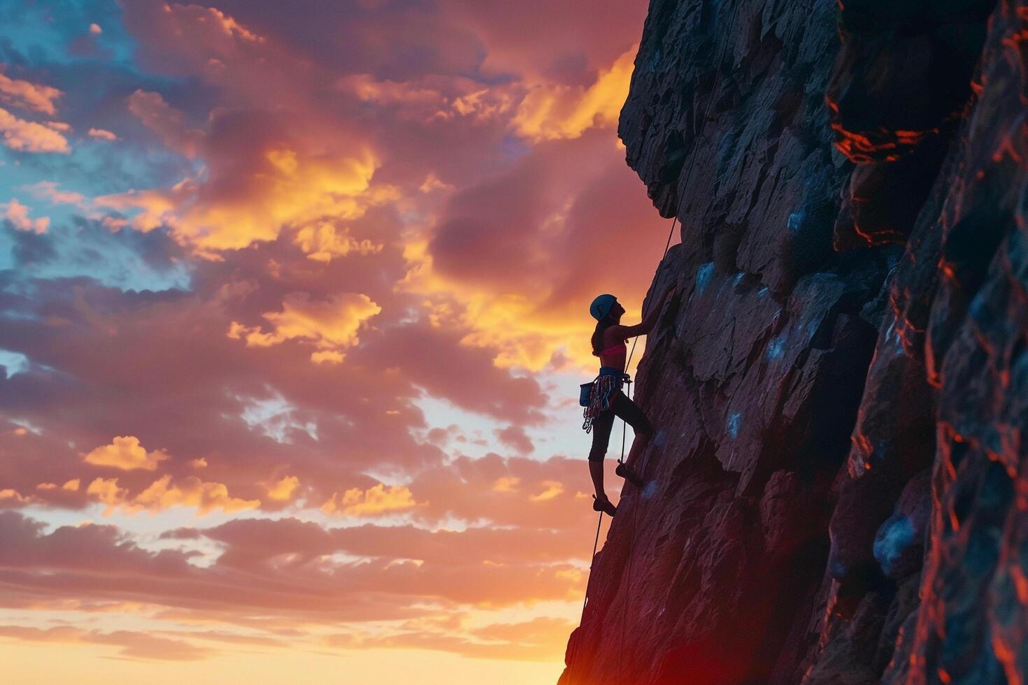Rock Climber Ascending a Steep Cliff Face Against a Dramatic Sunset Sky Adventure Climbing  Nature Background photo