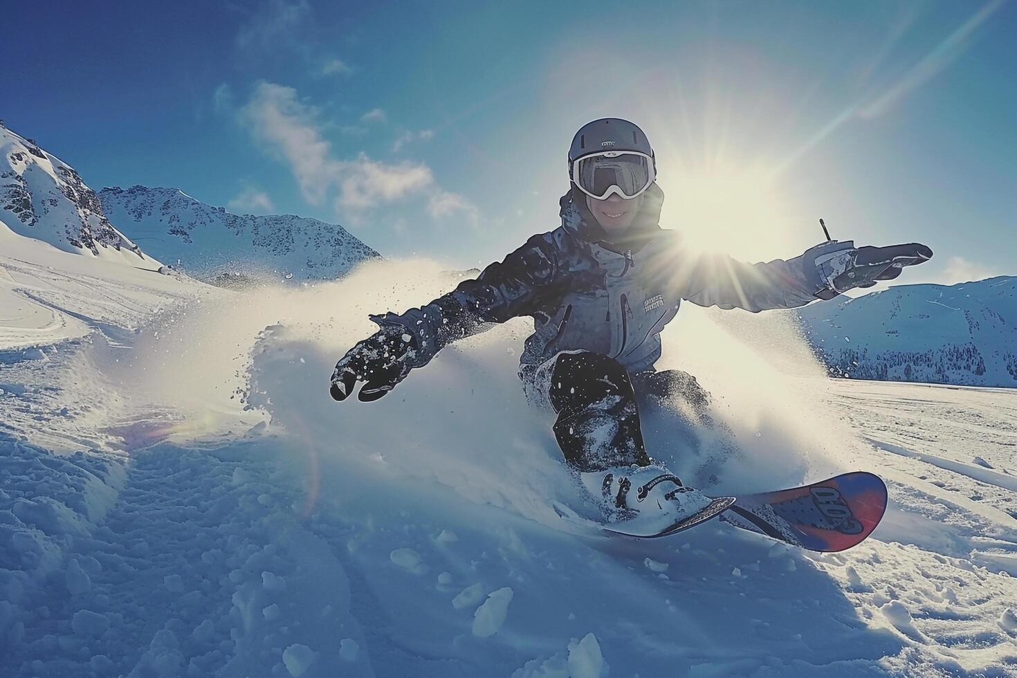 Snowboarder Carving Through Fresh Powder Snow on a Mountainside Under Clear Winter Skies Action Winter  Nature Background photo