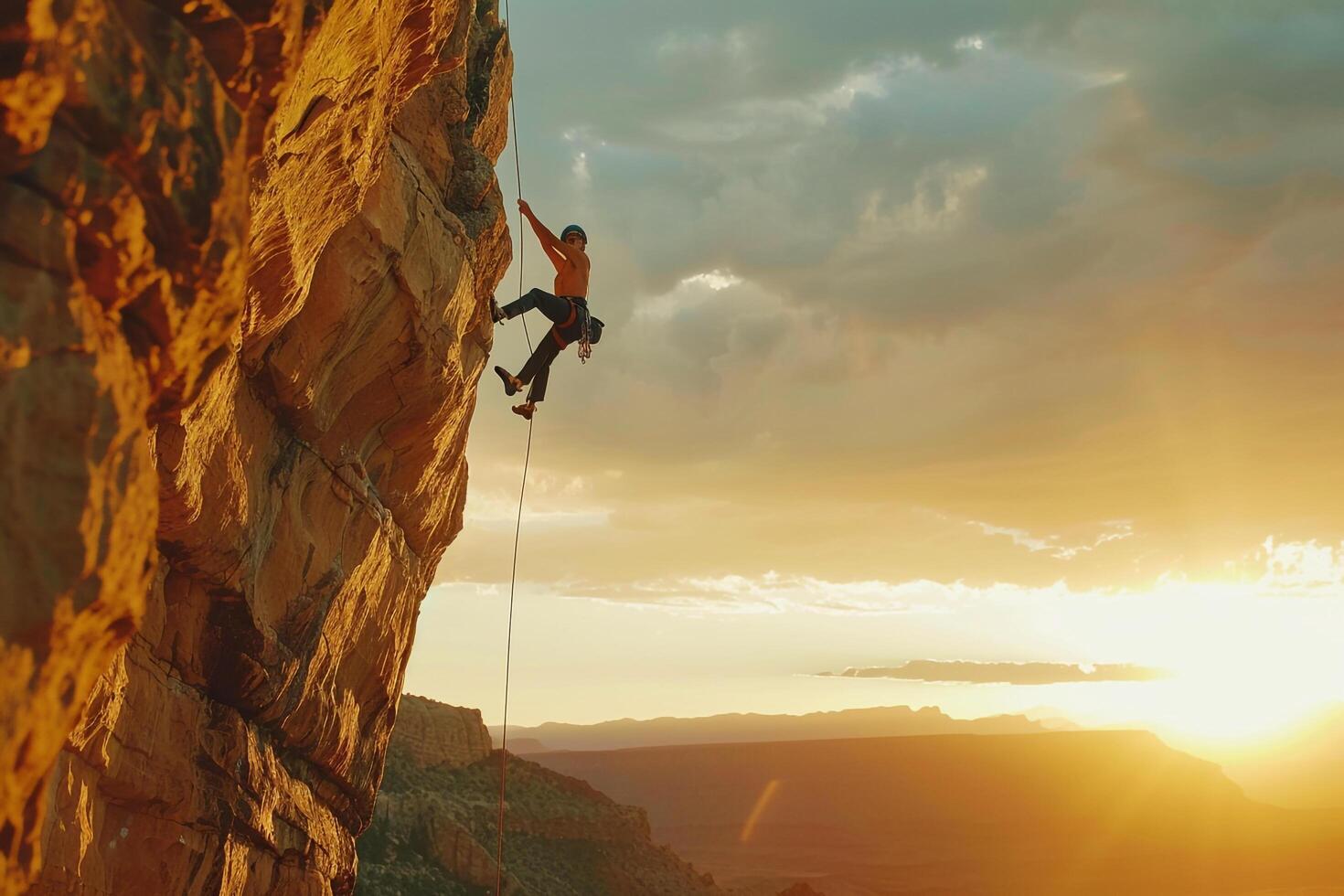 Rock Climber Ascending a Steep Cliff Face Against a Dramatic Sunset Sky Adventure Climbing  Nature Background photo
