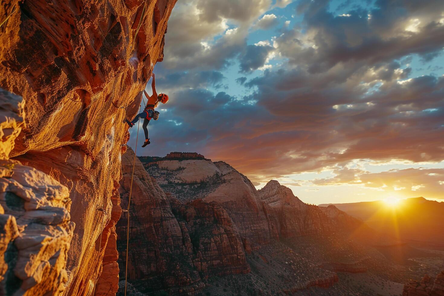 Rock Climber Ascending a Steep Cliff Face Against a Dramatic Sunset Sky Adventure Climbing  Nature Background photo