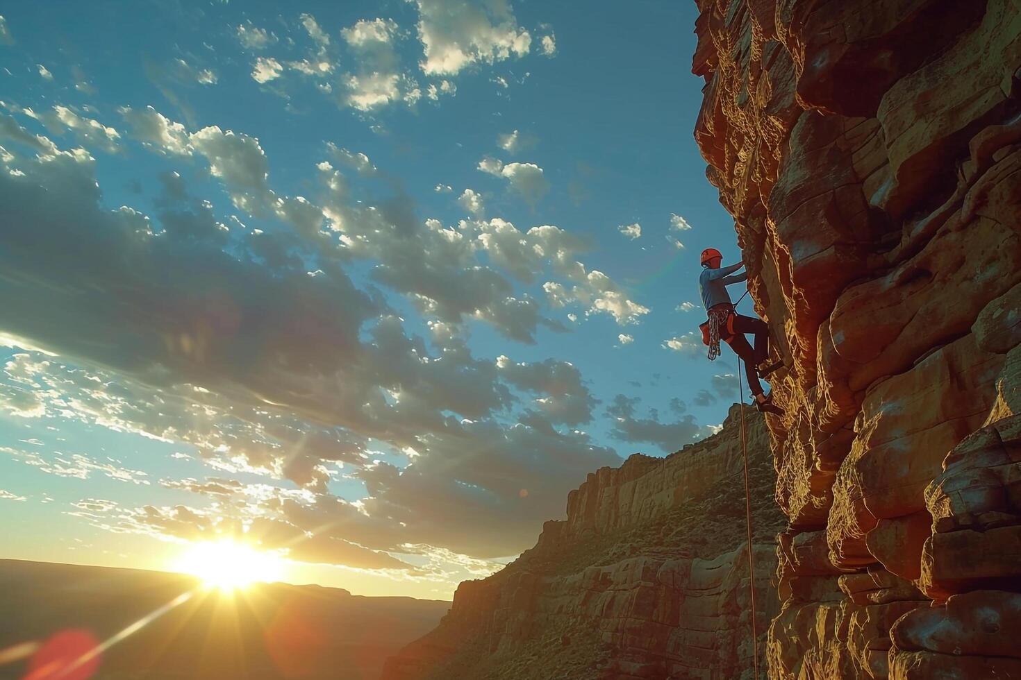 Rock Climber Ascending a Steep Cliff Face Against a Dramatic Sunset Sky Adventure Climbing  Nature Background photo