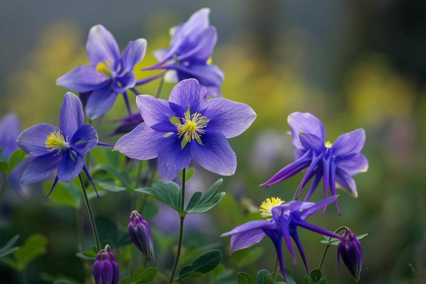 Alpine Meadow with Purple Columbine Flowers   Nature Background photo