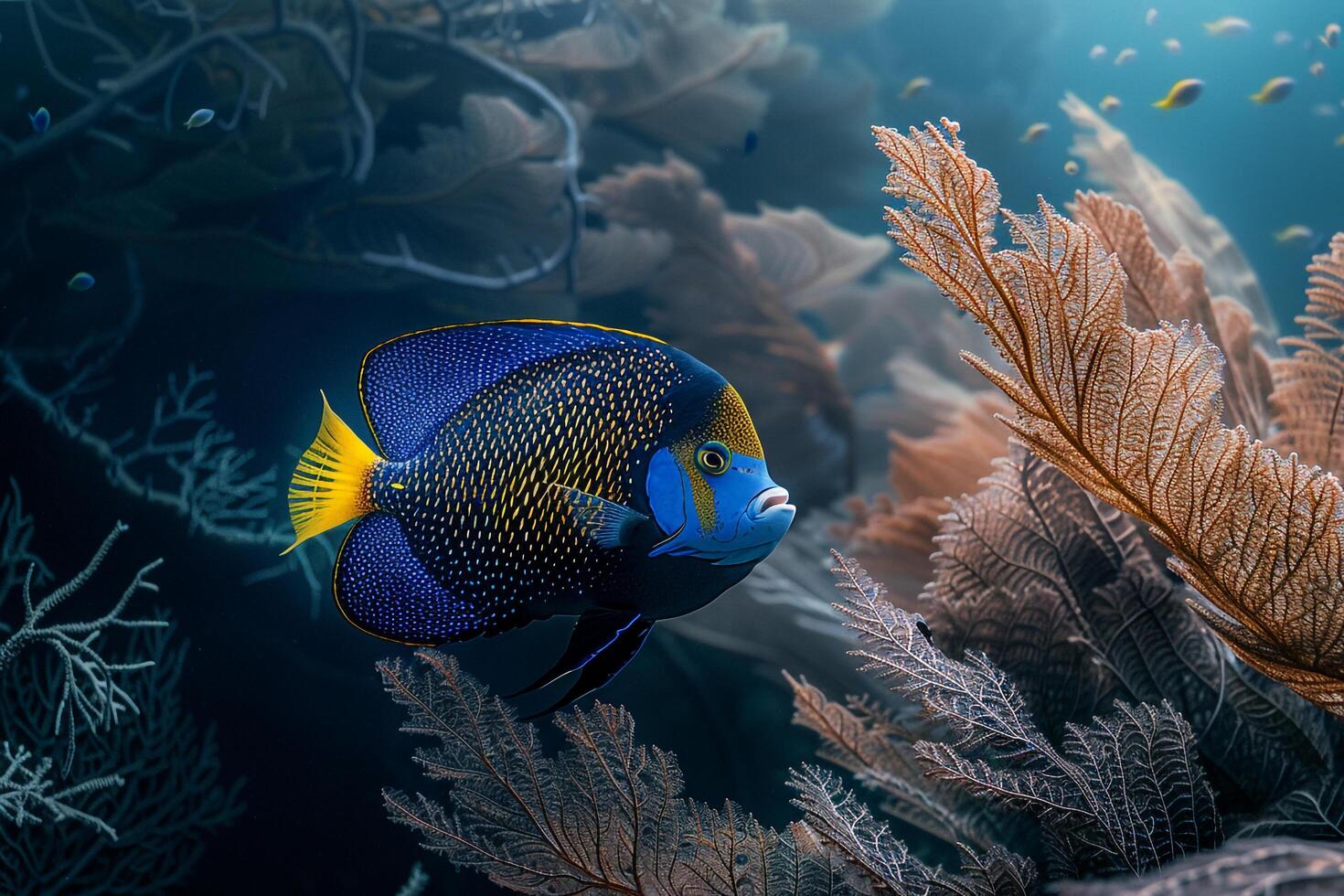 Blueface Angelfish Swimming Gracefully Among Swaying Sea Fans in a Clear Deep Sea Environment with Ambient Light Creating a Serene Atmosphere. Nature Background photo