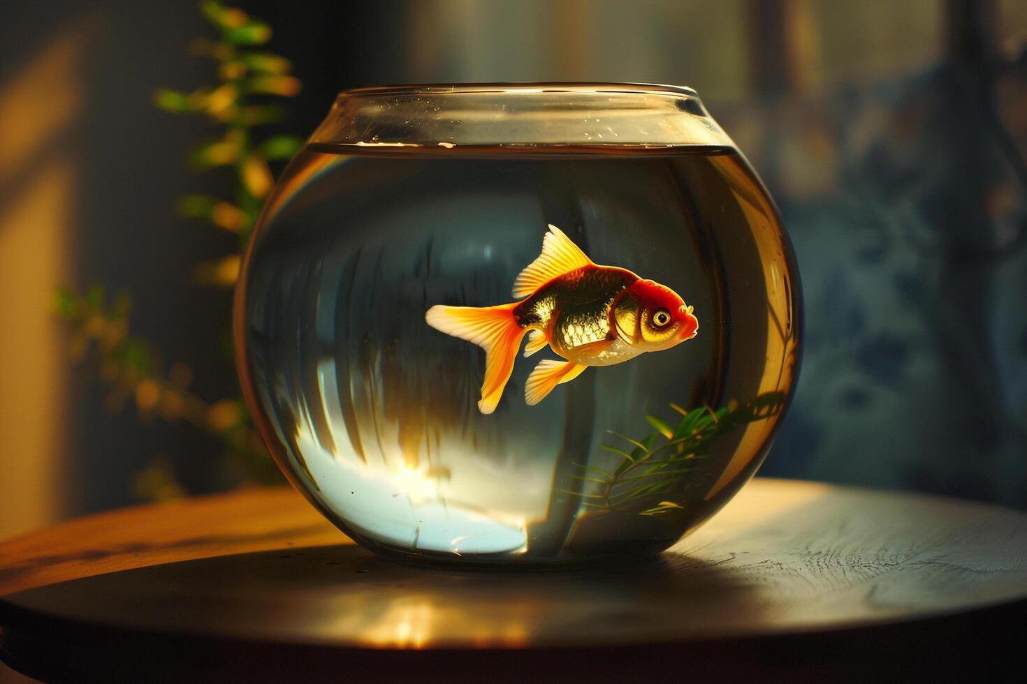Goldfish in Bowl with Dramatic Lighting and Shadows Nature Background photo