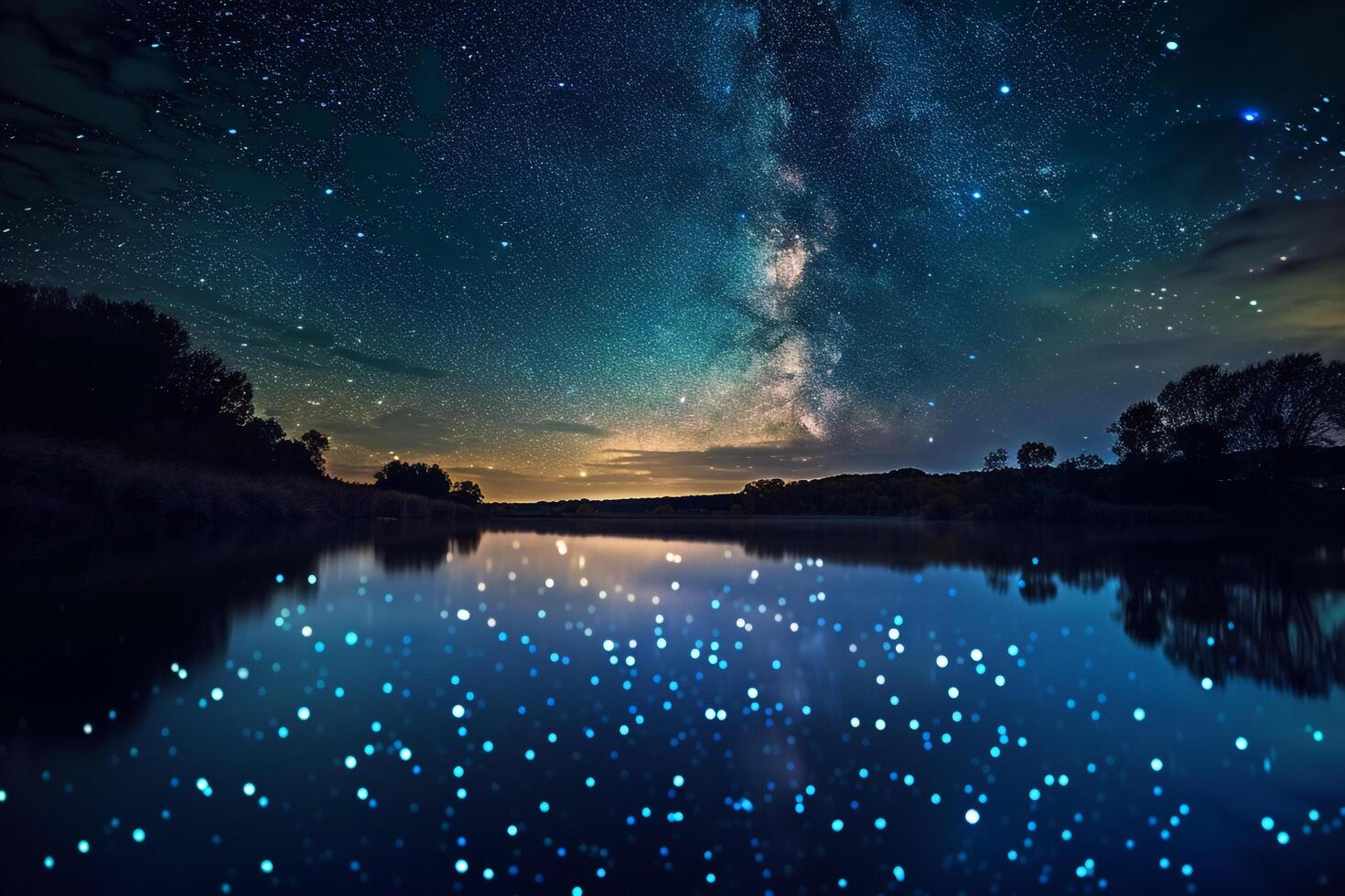 Starry Sky Over Calm Pond. Night Sky Background. Celestial Scene photo