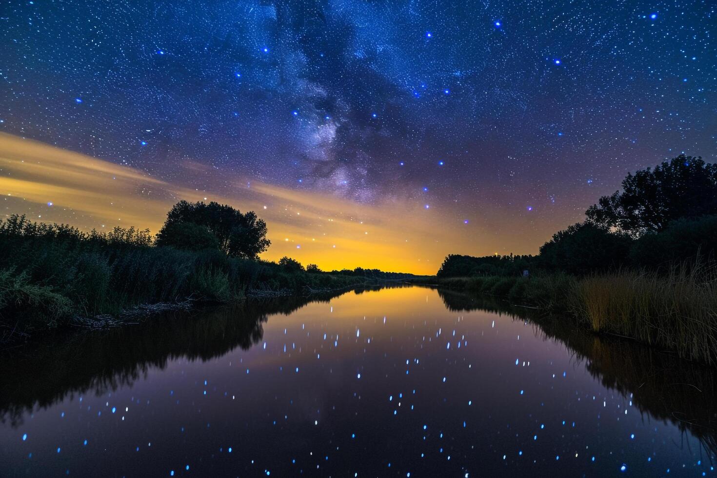 Starry Sky Over Quiet River. Nature Background photo