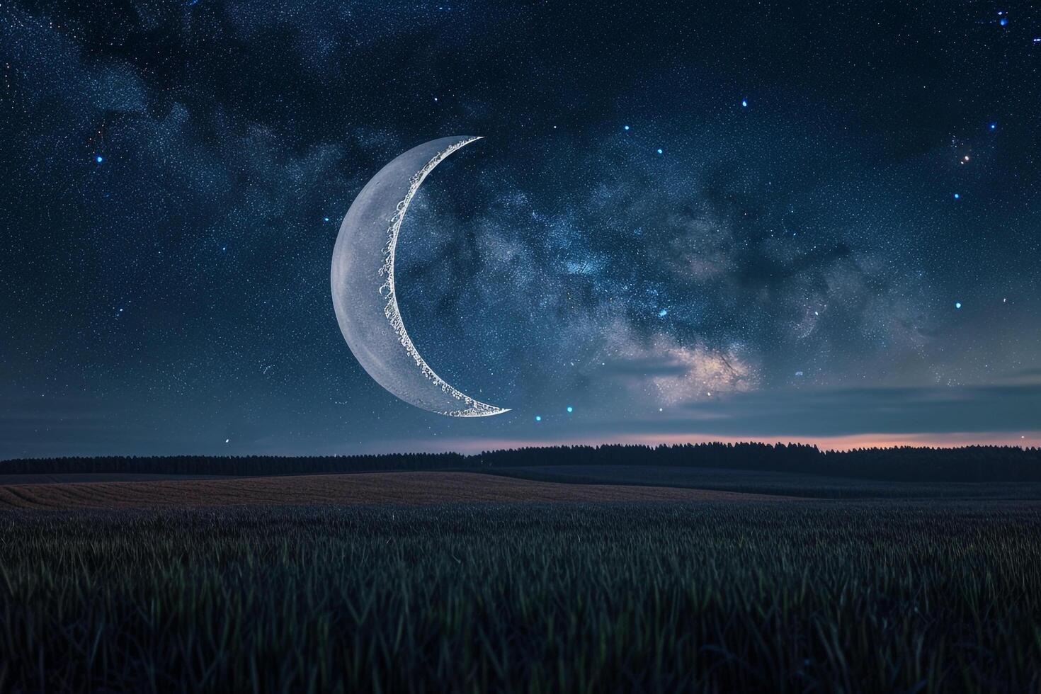 Crescent Moon Over Rolling Fields in a Serene Night Background Nature photo