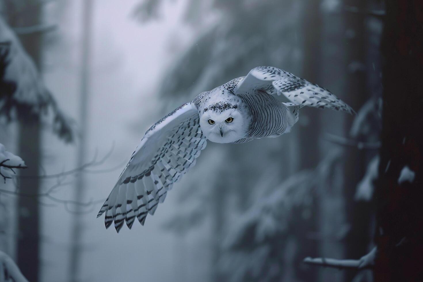 Atmospheric Snowy Owl Flying Through a Foggy Winter Forest with Soft Diffused Light Illuminating Its Wings photo