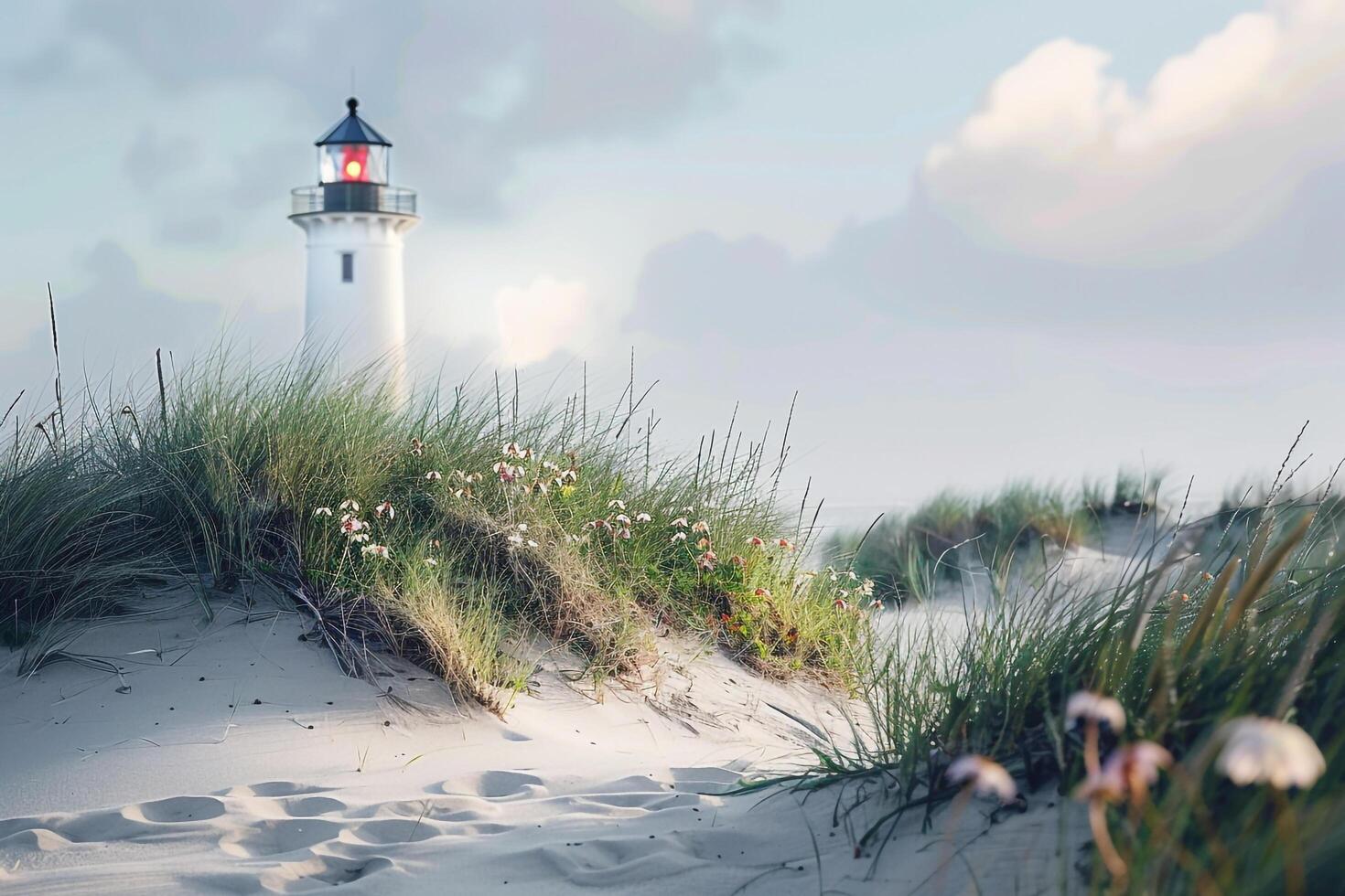 Lighthouse Overlooking a Sandy Beach with Dunes Covered in Beach Grass and Wildflowers photo