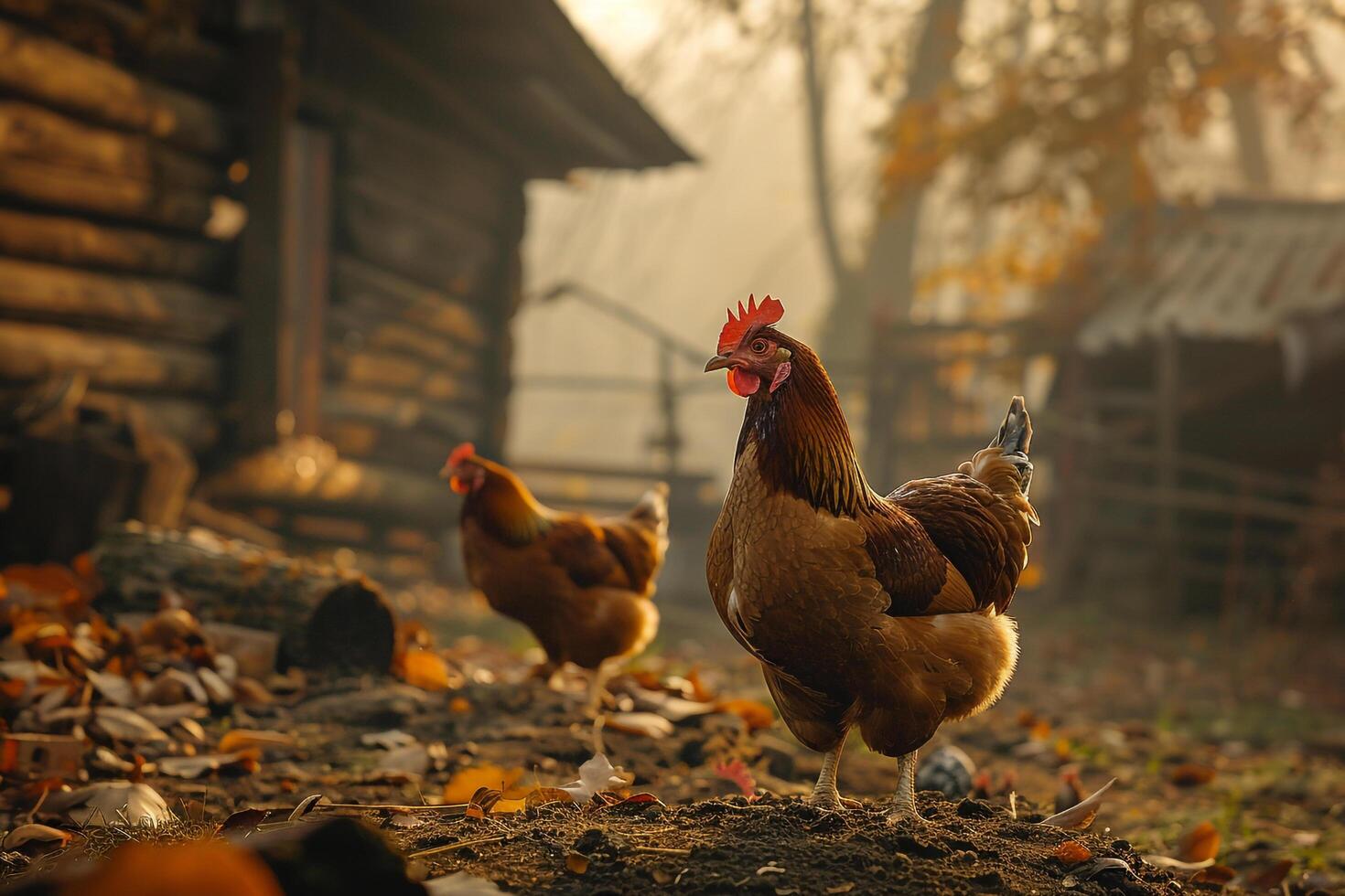 Chickens in an autumn farmyard background nature photo