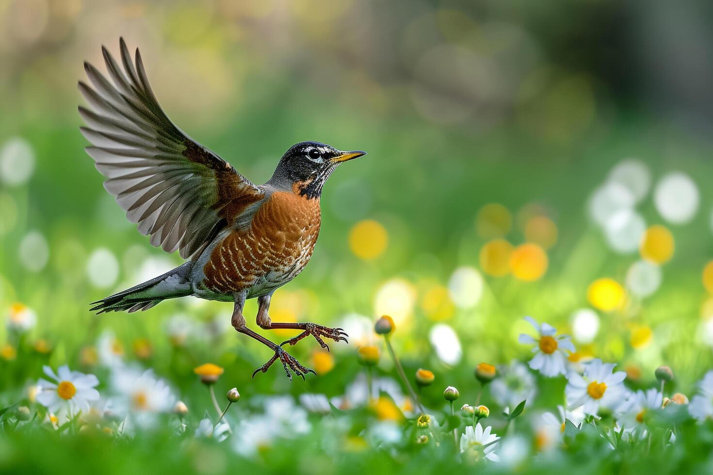 American Robin Hopping Energetically on a Green Lawn Scattered with Spring Blossoms Nature Background photo
