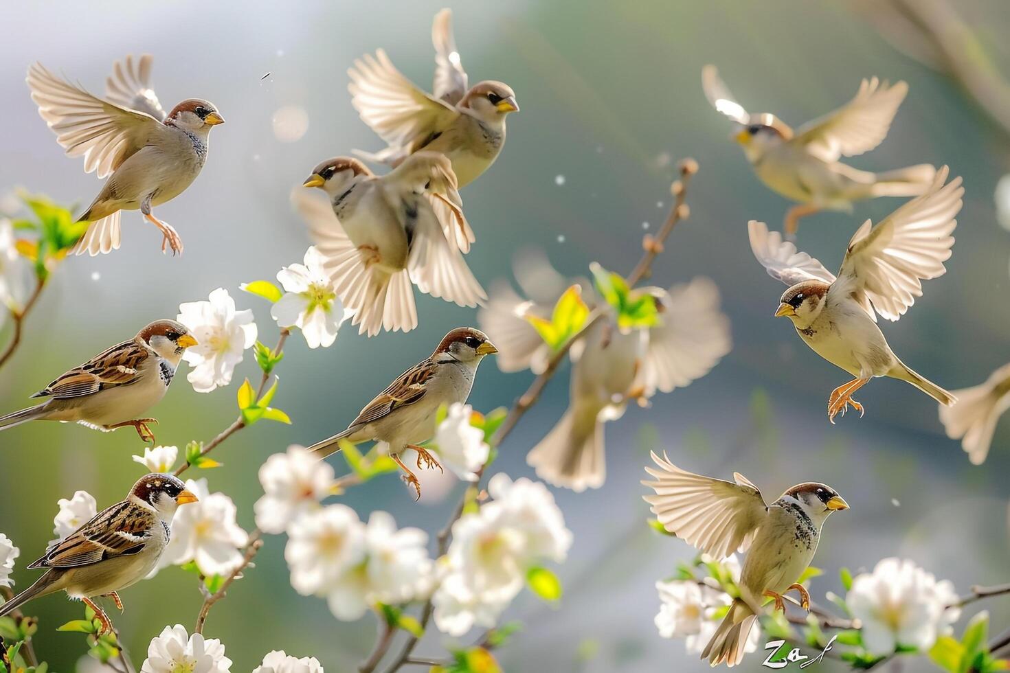 Flock of Sparrows Chirping and Flitting About a Blooming Spring Garden Nature Background photo