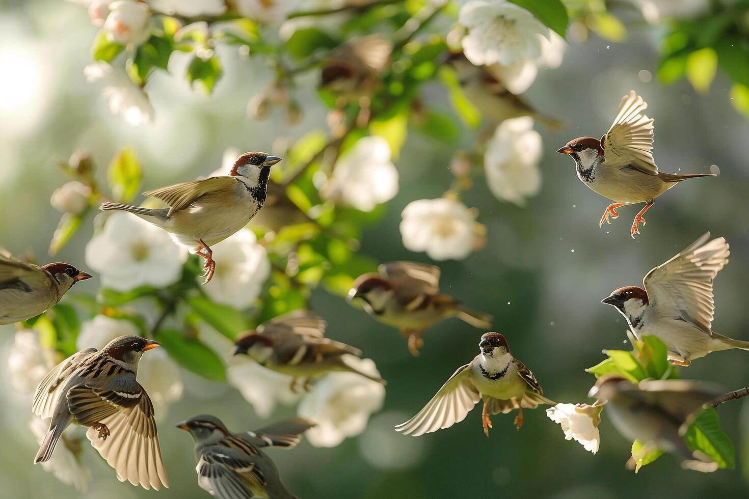 Flock of Sparrows Chirping and Flitting About a Blooming Spring Garden Nature Background photo