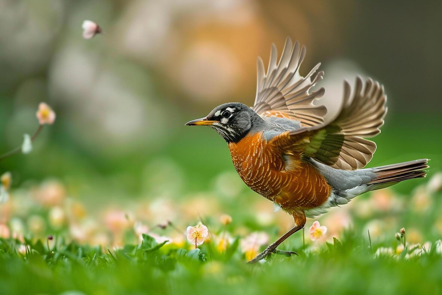 American Robin Hopping Energetically on a Green Lawn Scattered with Spring Blossoms Nature Background photo