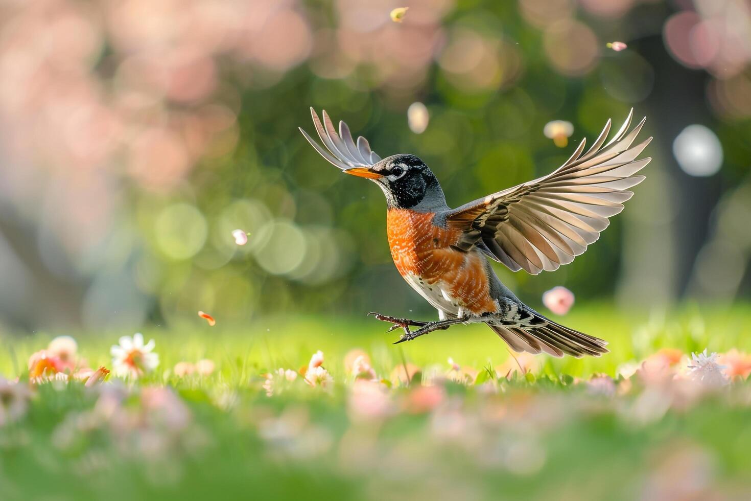 American Robin Hopping Energetically on Green Lawn with Spring Blossoms Nature Background photo