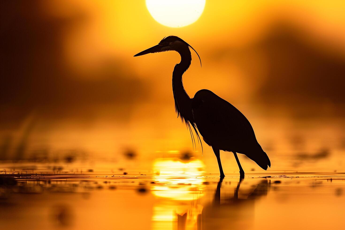 Backlit heron standing gracefully in shallow water. its silhouette defined against a glowing sunset sky. Nature Background photo