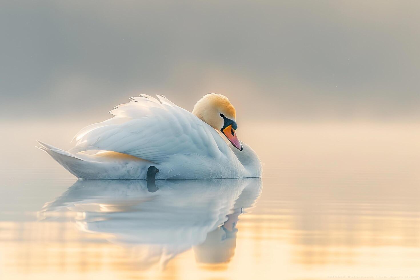Profile Portrait of a Swan with Soft Feathers and Reflection in Calm Water. Nature Background photo