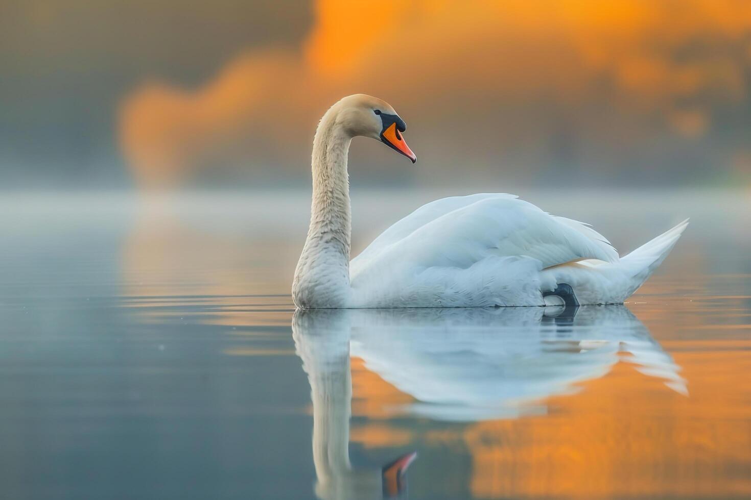 Profile portrait of a Swan with soft feathers and reflection in calm water. background nature photo