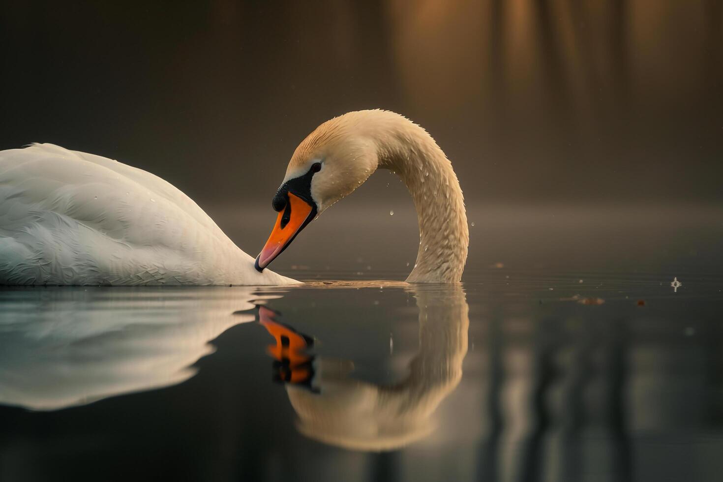 Profile portrait of a Swan with soft feathers and reflection in calm water. background nature photo