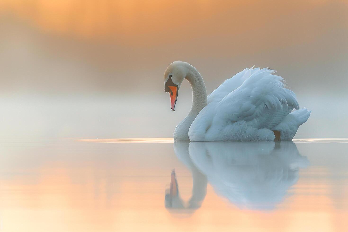 Profile portrait of a Swan with soft feathers and reflection in calm water. background nature photo