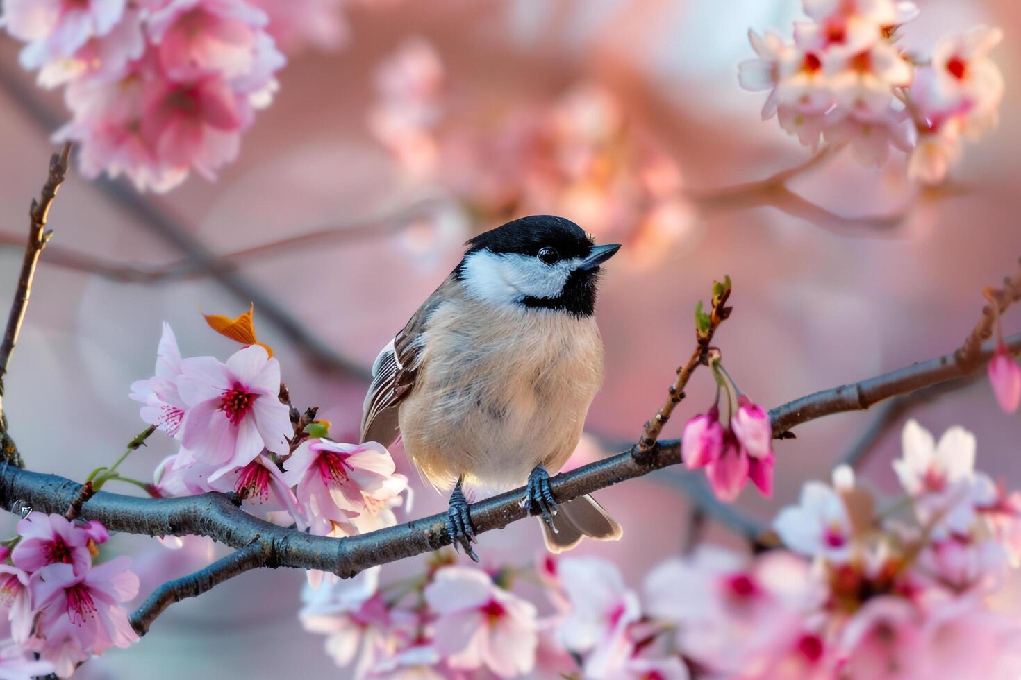 Nature Background of a Chickadee Perched on Cherry Blossom Branch photo