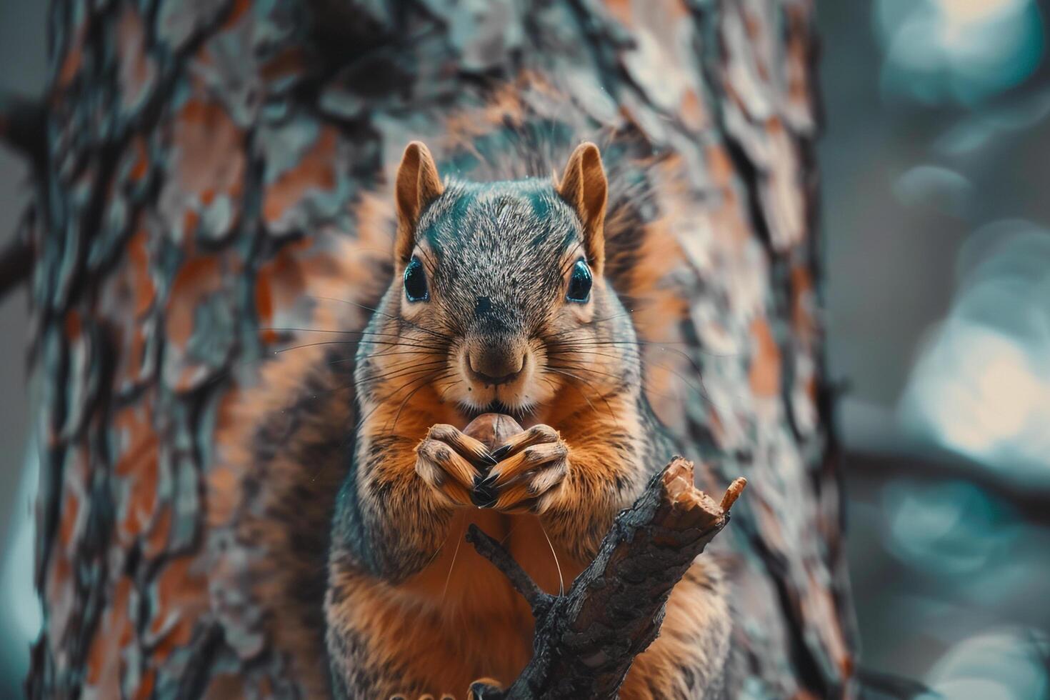 squirrel munching on a nut while perched on a tree branch photo