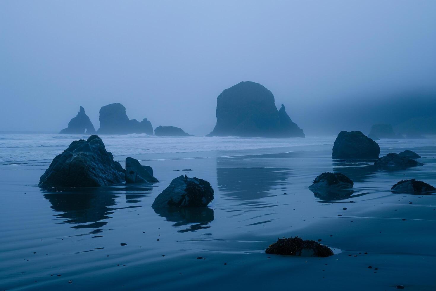 Silhouette of Rocks in Evening Mist Nature Background photo