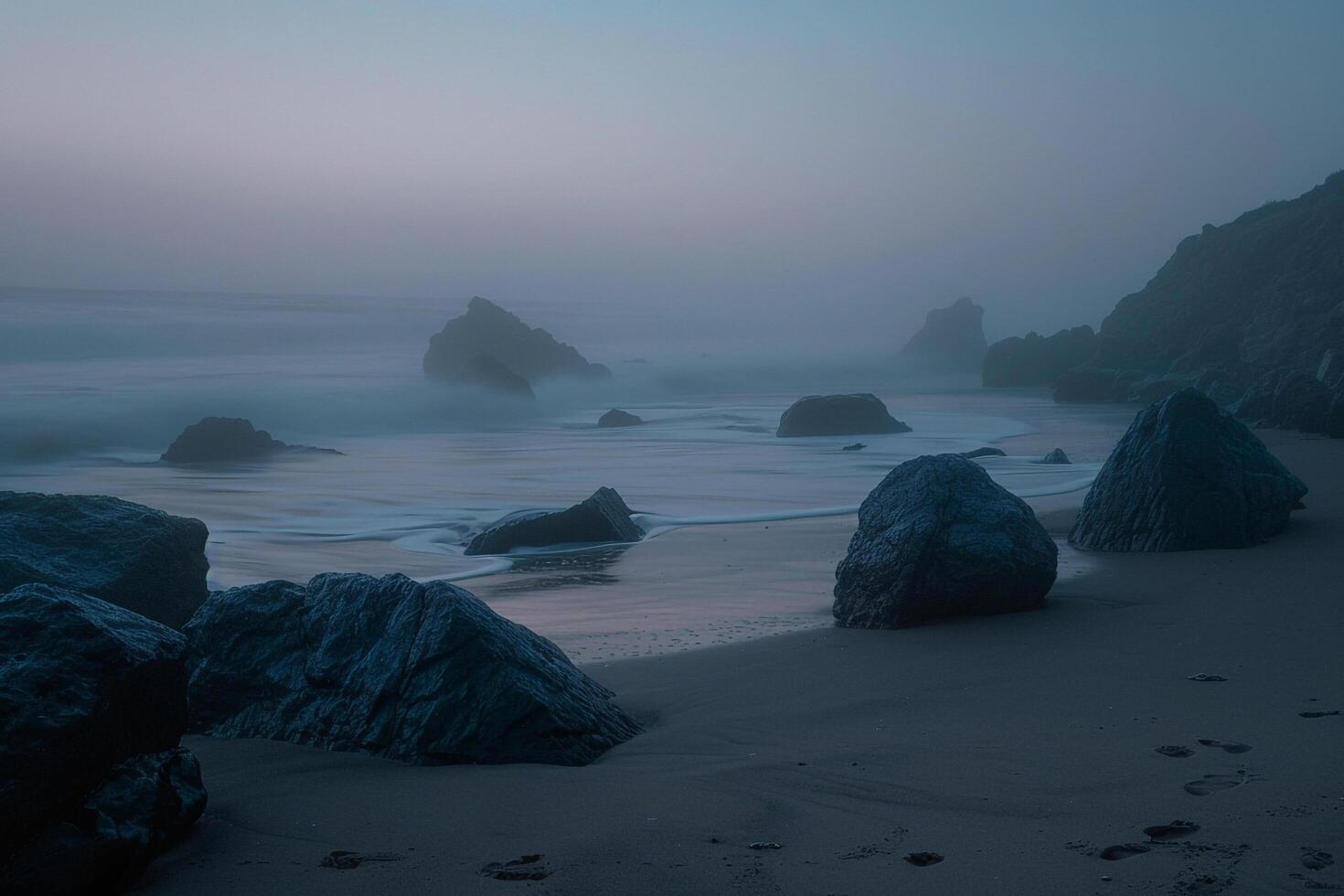 Silhouette of Rocks in Evening Mist Nature Background photo