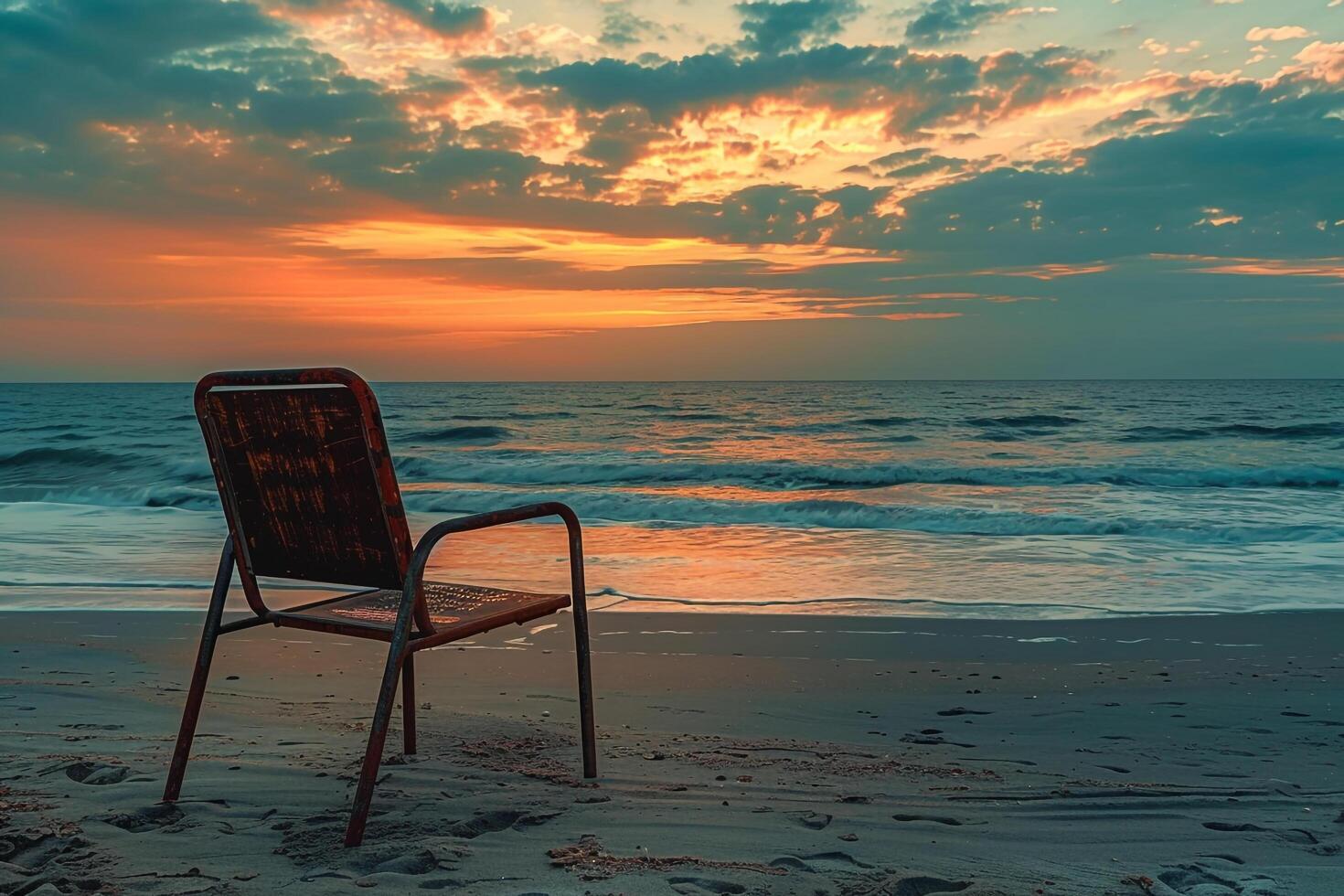Lone Beach Chair Facing the Ocean at Sunset in Nature Background photo