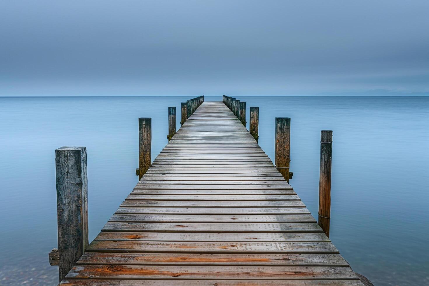 Wooden Pier Stretching into Calm Ocean Waters in Nature Background photo