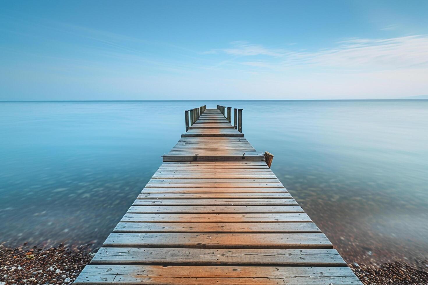 Wooden Pier Stretching into Calm Ocean Waters in Nature Background photo