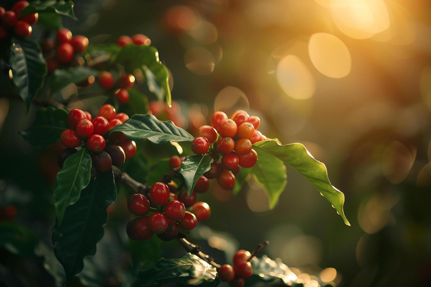 Coffee Plants with Ripe Red Cherries on a Plantation in photo