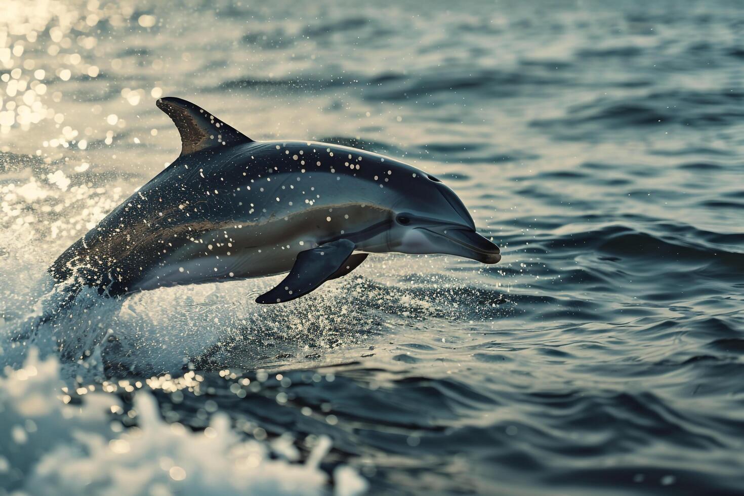 Dolphins Jumping in Coastal Waters with  Nature Background photo