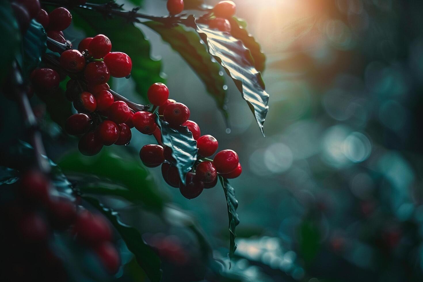 Coffee Plants with Ripe Red Cherries on a Plantation in photo