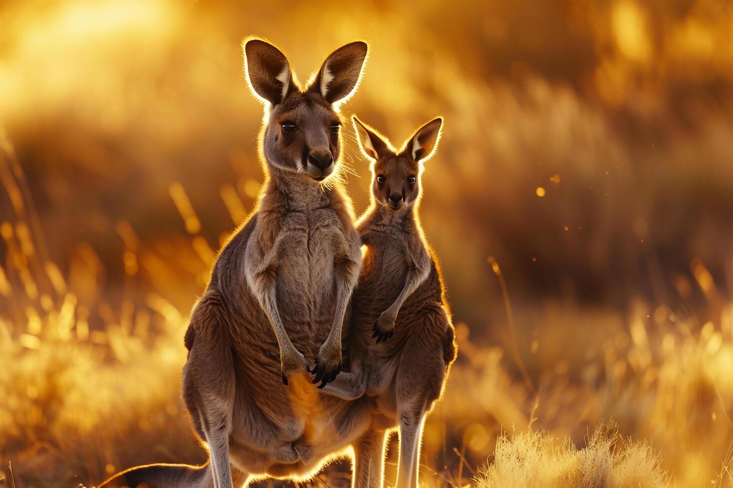 Mother Kangaroo with Her Joey in Her Pouch Hopping Through the Outback Nature Background photo
