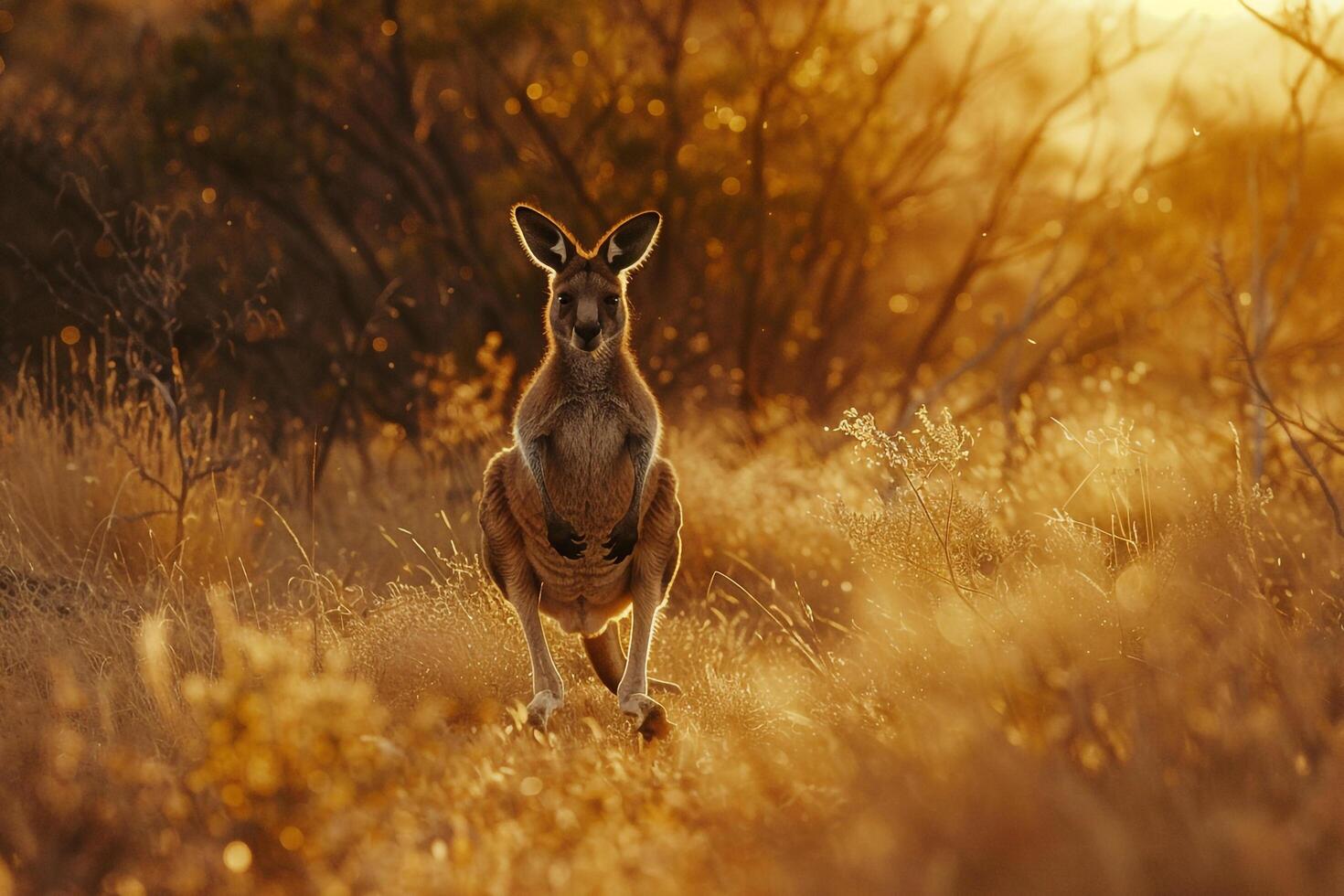 Mother Kangaroo with Her Joey in Her Pouch Hopping Through the Outback Nature Background photo
