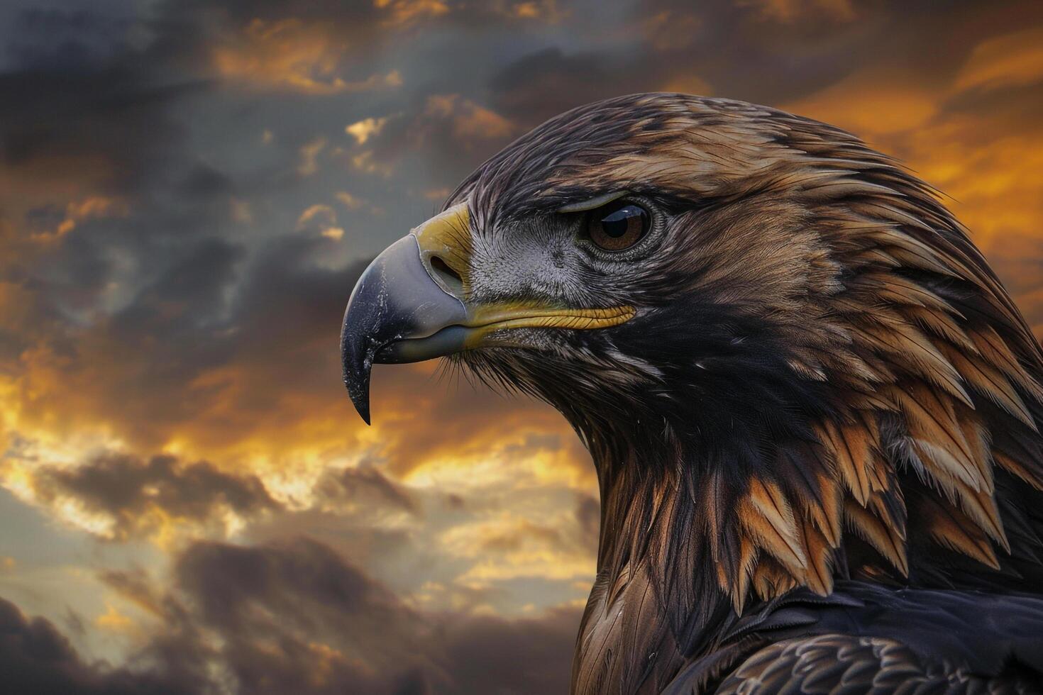 Portrait of a Golden Eagle with Piercing Eyes Against a Dramatic Cloudy Sky Nature Background photo