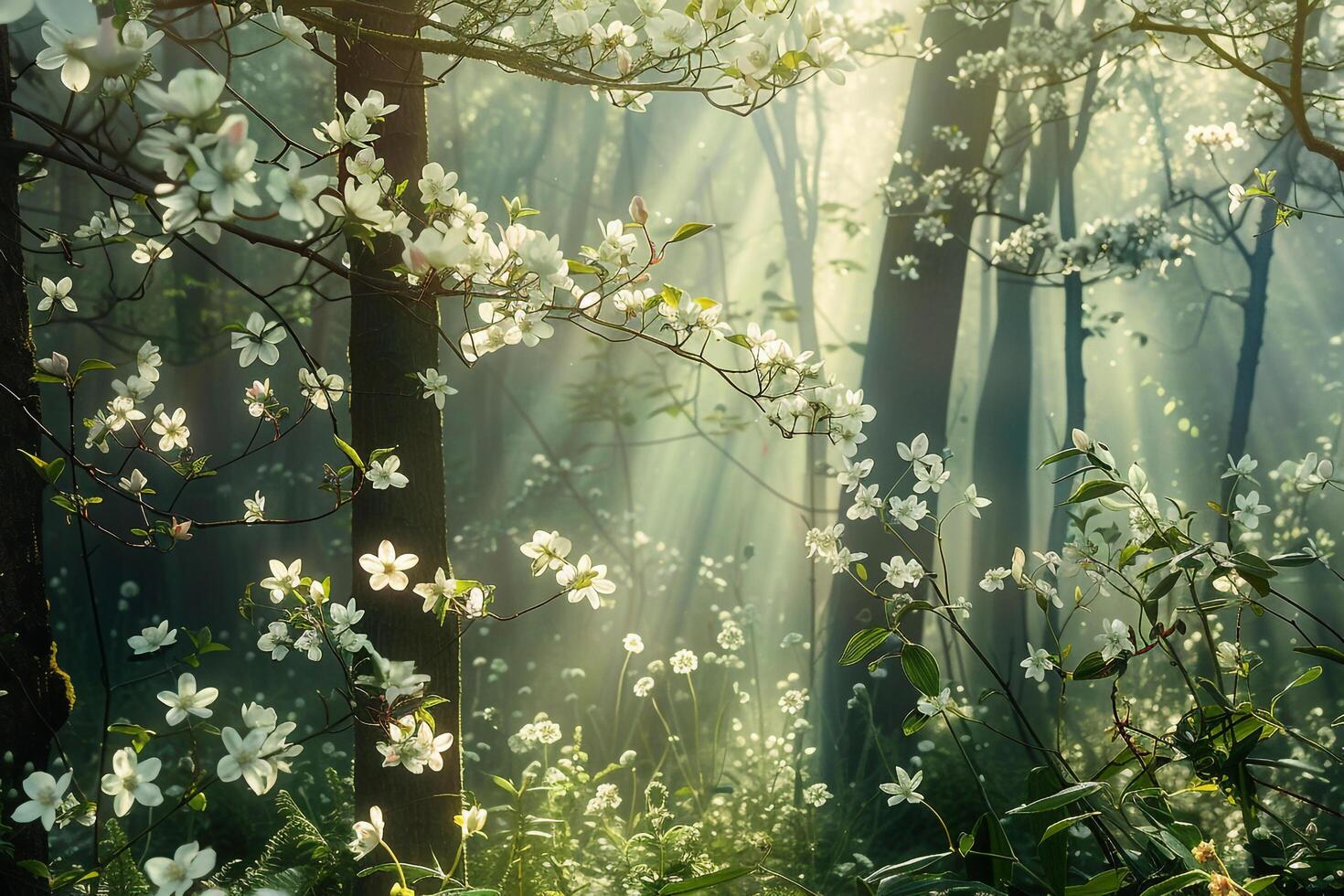 Glade in an enchanted forest with sunlight filtering through the leaves of blossoming dogwood trees. Nature Background photo