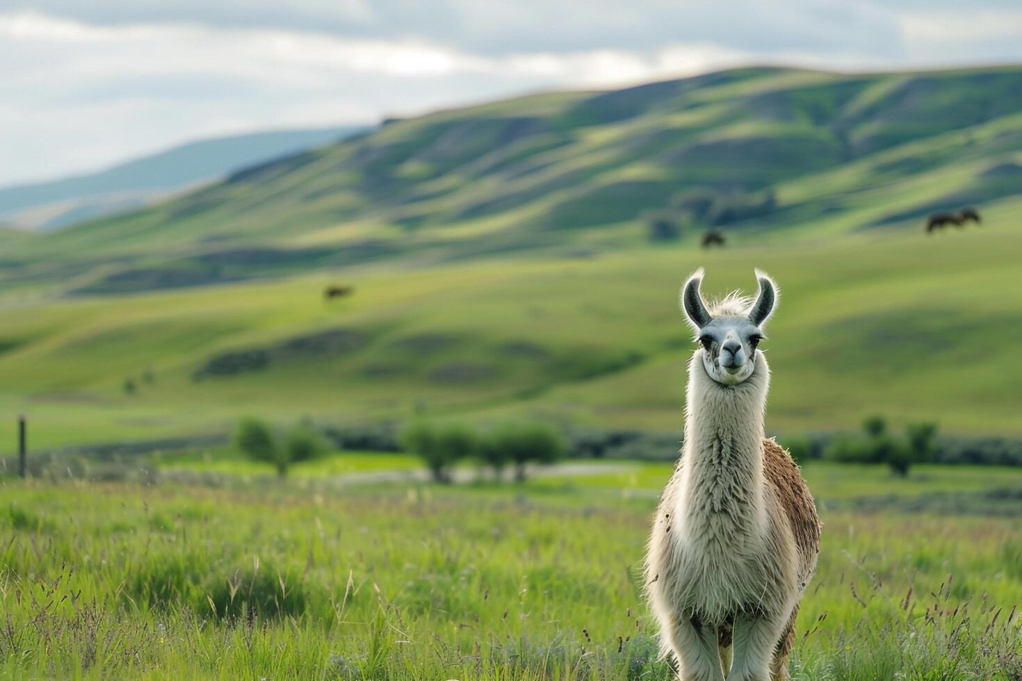 A Llama relaxing in a lush green pasture with rolling hills in the serene background. Nature Background photo