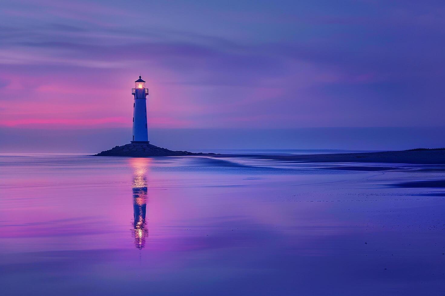 Twilight beach Nature beauty with soft pastel hues reflecting in tranquil water and a distant glowing lighthouse. Nature Background photo