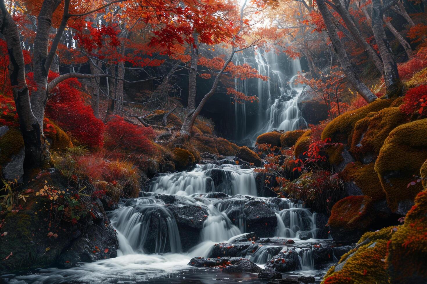 Small waterfall cascading over mosscovered rocks surrounded by fiery red and orange maple trees. Nature Background photo