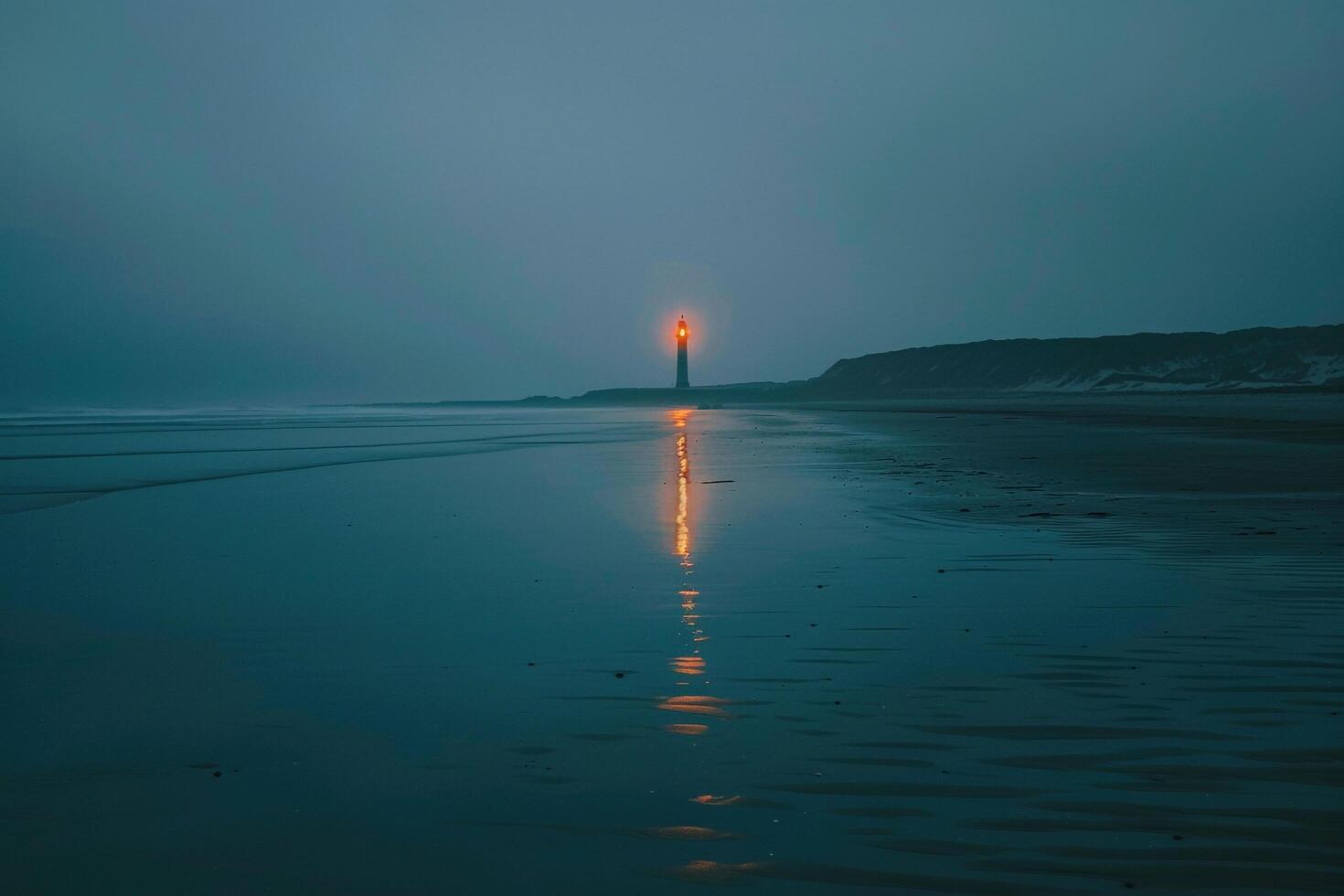 Tranquil beach at twilight with pastel hues reflecting in the water and a distant lighthouse glowing softly. Nature Background photo