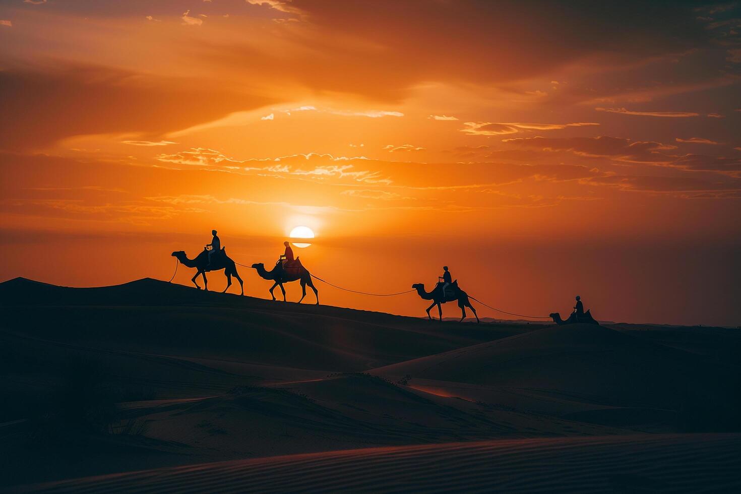impressive beach with golden sands and towering dunes where camel riders are silhouetted against a fiery dramatic sunset sky creating a breathtaking visual. Nature Background photo