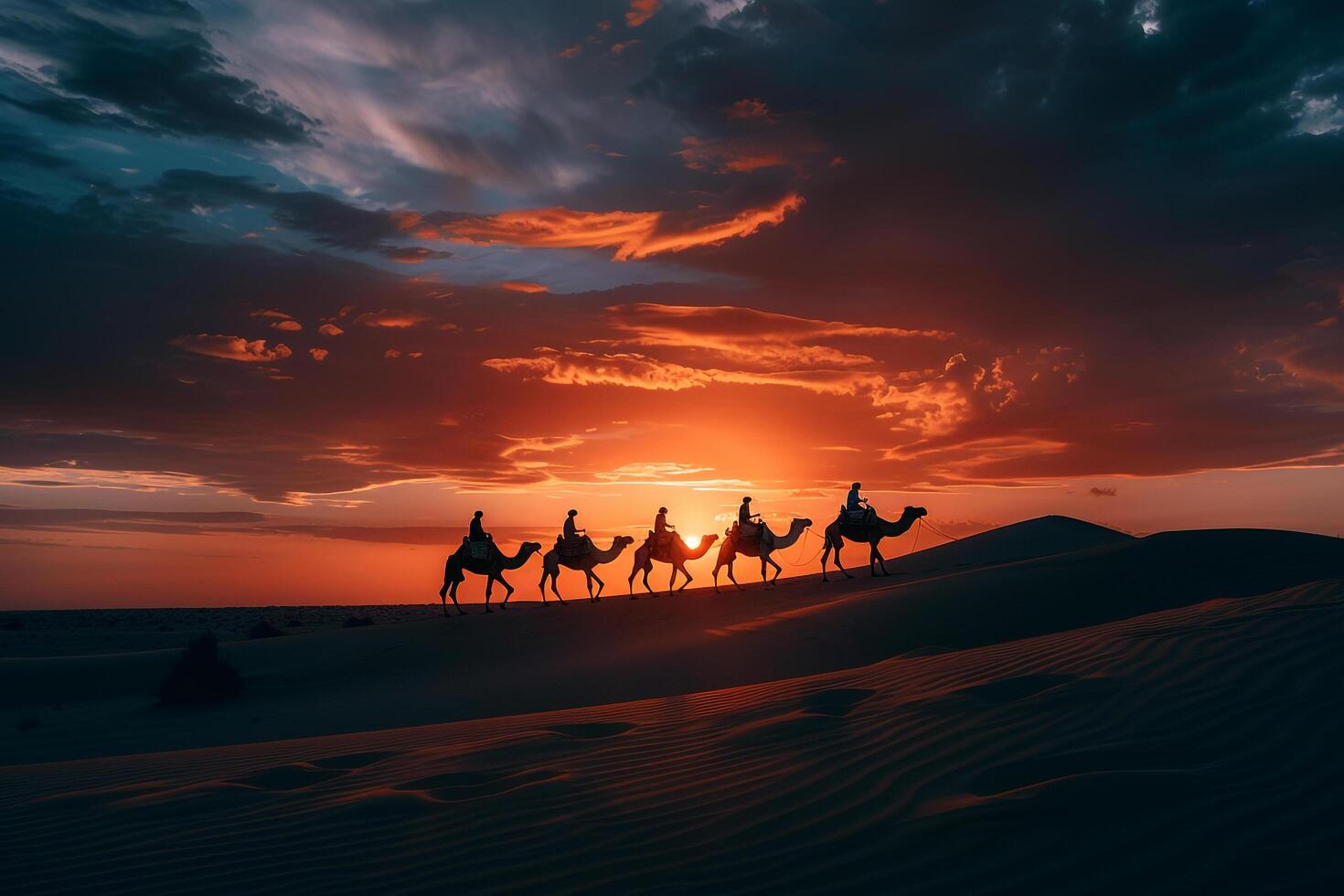 spectacular beach Nature beauty with golden sands and towering sand dunes featuring camel riders against a dramatic fiery sunset sky that creates a captivating . Nature Background photo