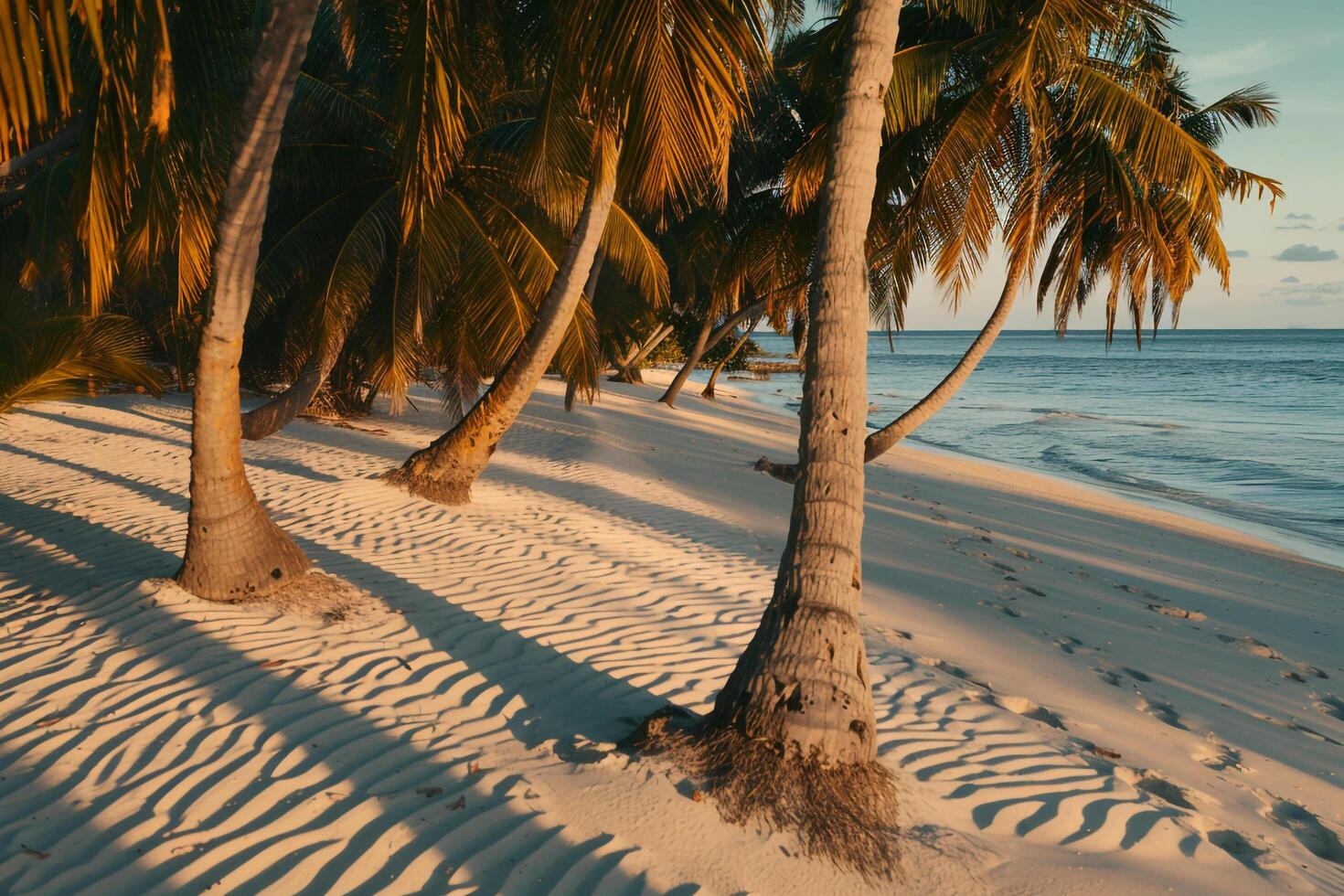 pristine beach with palm trees casting long shadows on powdery white sand. Nature Background photo