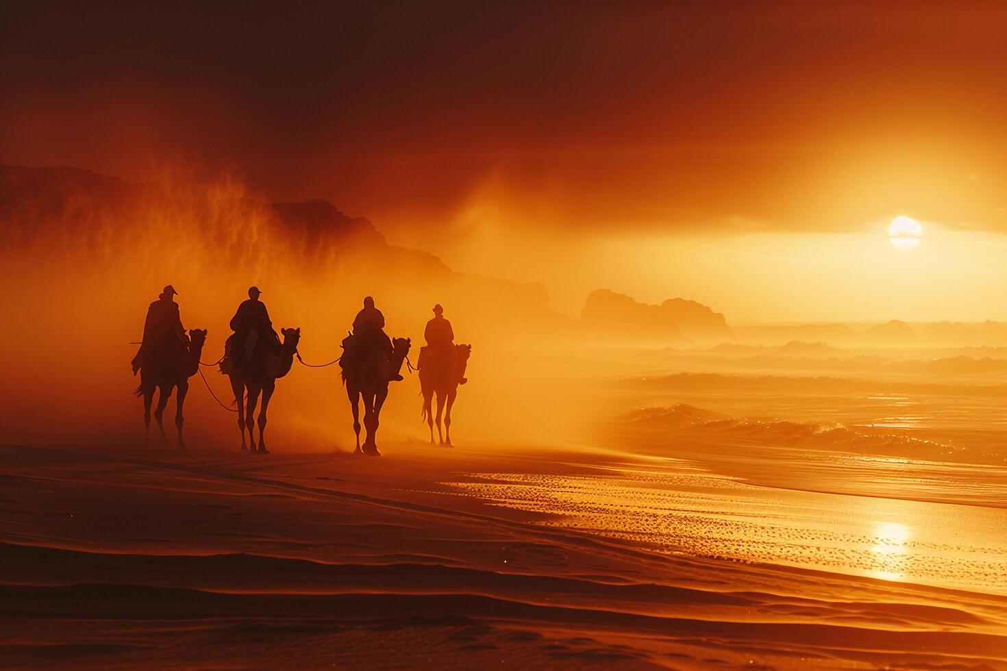 dramatic beach landscape with golden sands and towering sand dunes where camel riders are silhouetted against a fiery sunset sky creating a stunning . Nature Background photo
